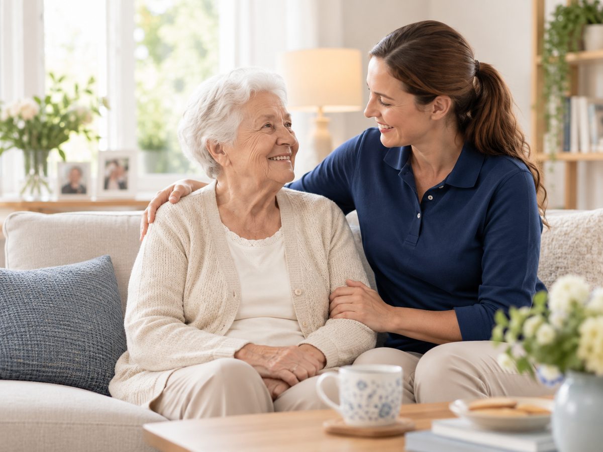 Betreuungskraft im Gespräch mit einer Seniorin im Wohnzimmer