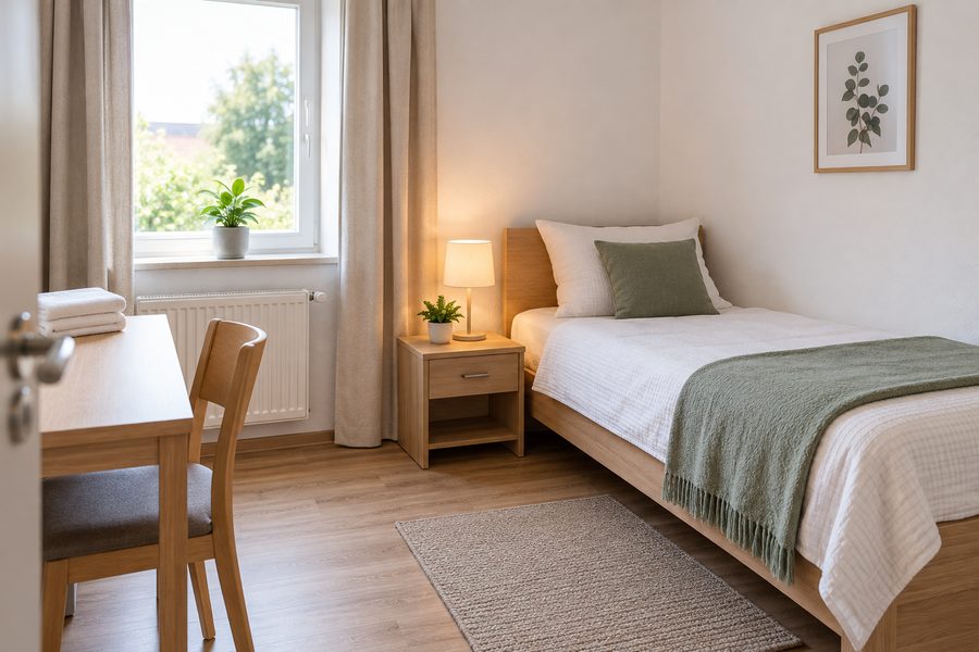 Eingerichtetes Gaestezimmer der Betreuungskraft