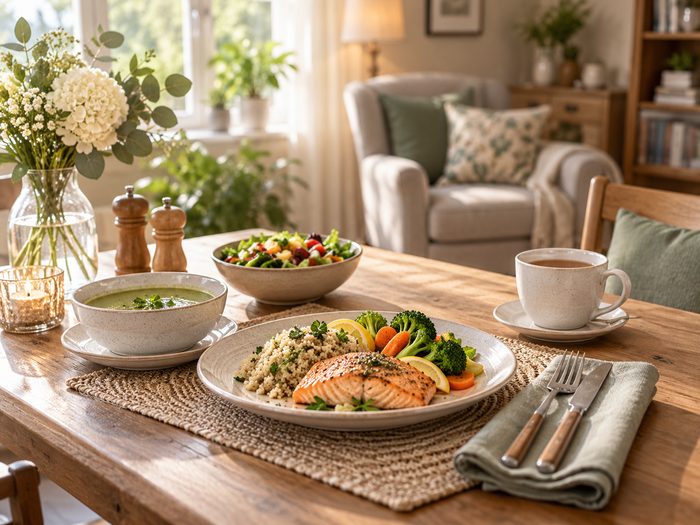 Gedeckter Tisch mit gesundem Essen fuer die taegliche Routine