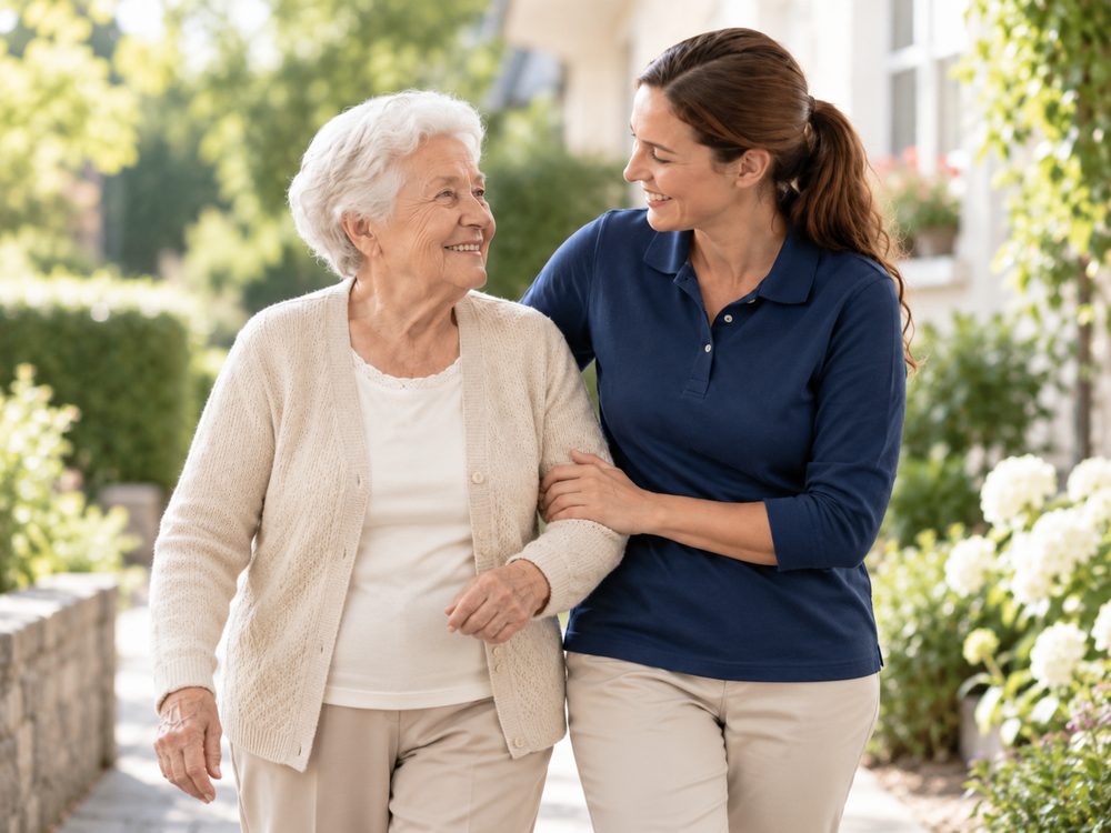 Betreuungskraft begleitet Seniorin beim Spaziergang im Garten