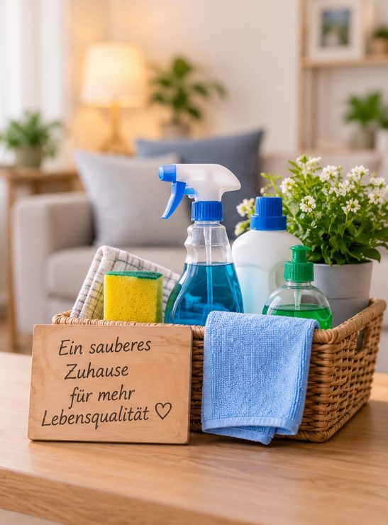 Reinigungsutensilien und Pflanzen fuer die Haushaltsfuehrung